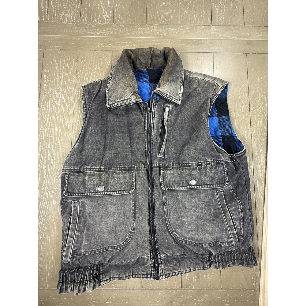Y2K Utility Vest Mens Medium Black Gray Blue Buffalo Plaid Workwear Reversible